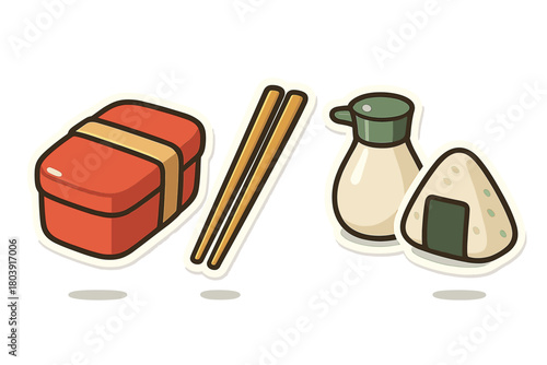 Japanese bento box, wooden chopsticks, soy sauce bottle, and onigiri rice ball icons