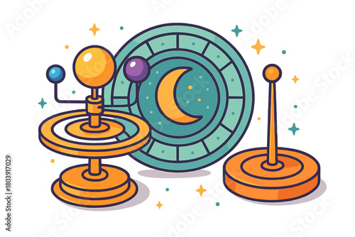 Stylized astronomical model of the solar system featuring a celestial clock and crescent moon symbol