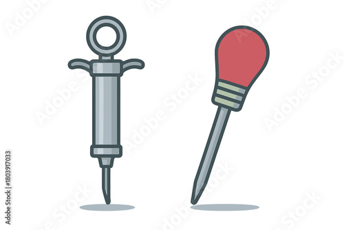 Stainless steel meat injector syringe and red bulb baster kitchen tools