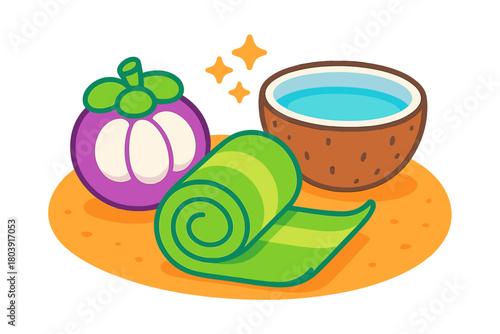 Healthy lifestyle concept featuring mangosteen, coconut water, and a rolled yoga mat