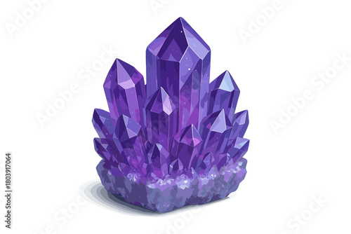 Vibrant purple amethyst crystal cluster with sharp facets and glowing light effects isolated on white background
