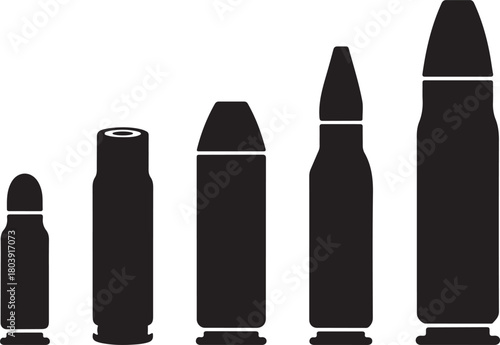 bullet, cartridge, ammo, silhouette, icon, set, vector, illustration, ammunition, shell, firearm, weapon, gun, caliber, pistol, rifle, military, ballistic, metal, projectile, shooting, armory, handgun