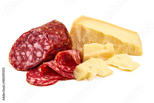 Salami and Parmesan Cheese, isolated on white background