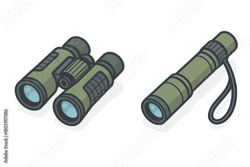 Olive green binoculars and monocular set for observation and exploration