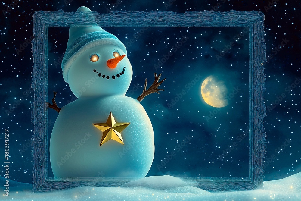 Obraz premium Magical snowman with twinkling eyes and a golden star at night