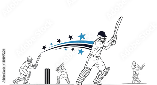 Dynamic cricketers bat powerfully, celebrating victory with star graphics
