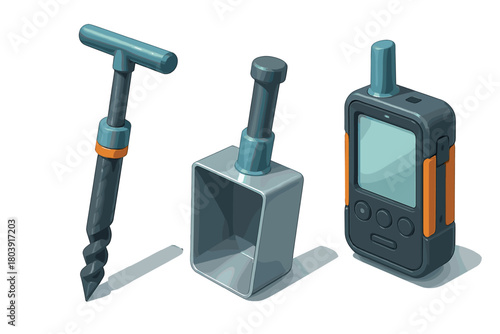 Essential winter rescue equipment set including snow shovel, ice auger, and navigation device