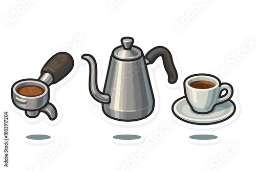 Essential coffee brewing tools set with portafilter, pour-over kettle, and espresso cup