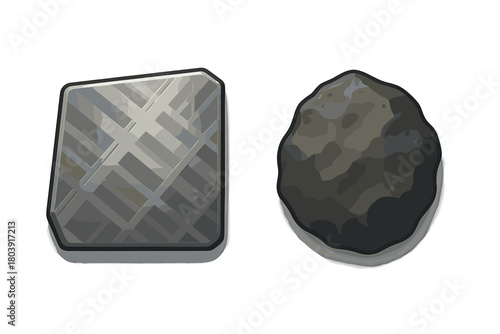 Metallic iron meteorite slice and rough stony asteroid fragment space rocks