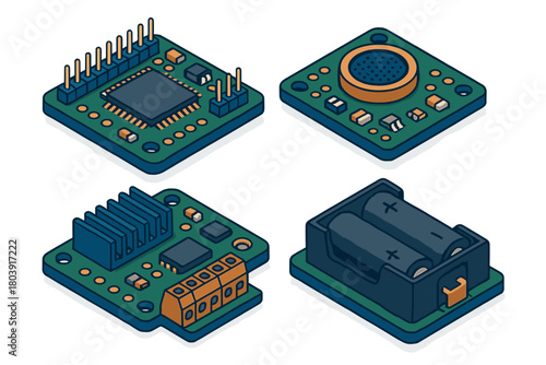 Isometric electronic modules set including CPU, sensor, heat sink, and battery holder