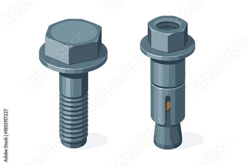 Gray hex head bolt and concrete expansion anchor fastener in isometric perspective