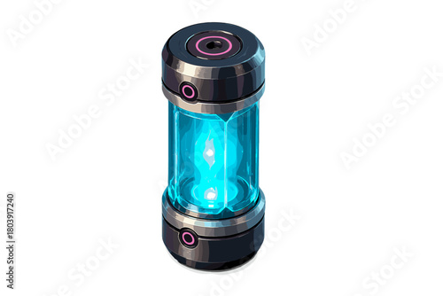 Futuristic metallic capsule containing glowing blue energy core isolated on white background