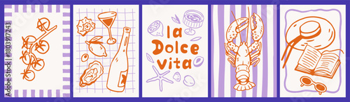 Dolce vita, Italian summer holiday card designs set. Italy vacation posters, sketch drawings, doodle style. Food, limoncello, tomato, seashells on vertical backgrounds. Drawn vector illustrations