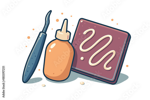 Crafting supplies set with sculpting tool, adhesive bottle, and material piece