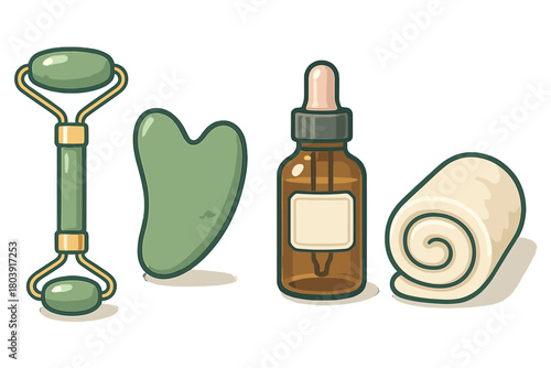Collection of beauty and wellness accessories including jade roller gua sha tool and cosmetic oil bottle