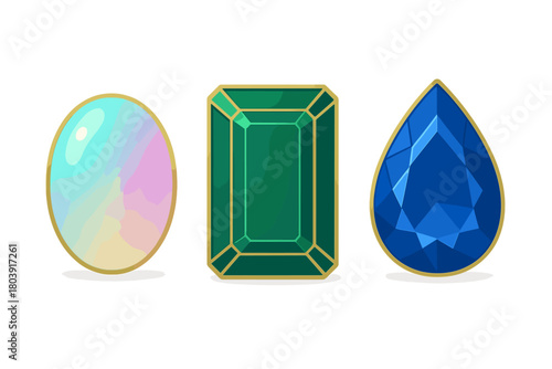 Three colorful precious gemstones in various shapes and cuts isolated on white