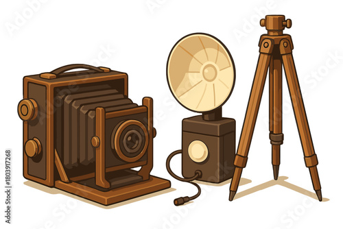 Antique folding camera with external flash and wooden tripod setup for vintage photography
