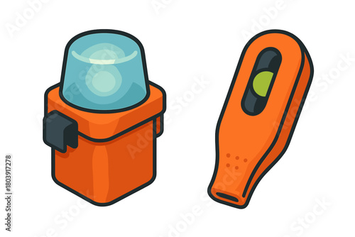 Essential construction safety equipment set with orange warning light and spirit level