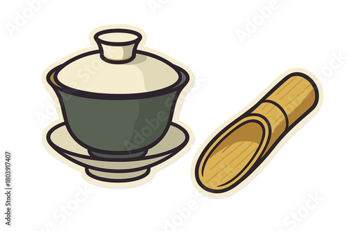 Traditional Chinese gaiwan tea cup and bamboo scoop set for brewing ceremony
