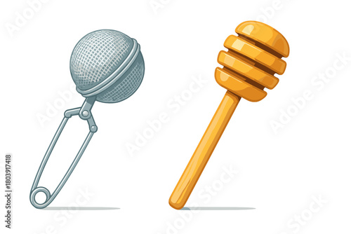 Metal mesh tea infuser ball and traditional wooden honey dipper kitchen tools