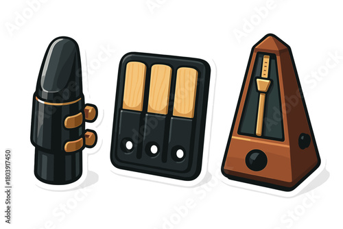 Set of classic musical accessories including a metronome, saxophone mouthpiece, and wooden reeds