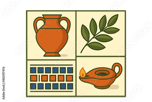 Ancient civilization symbols set featuring ceramic jar, leafy branch, burning lamp, and decorative pattern