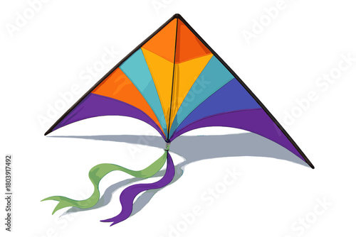 Brightly colored delta kite with flowing ribbons isolated on a clean white background