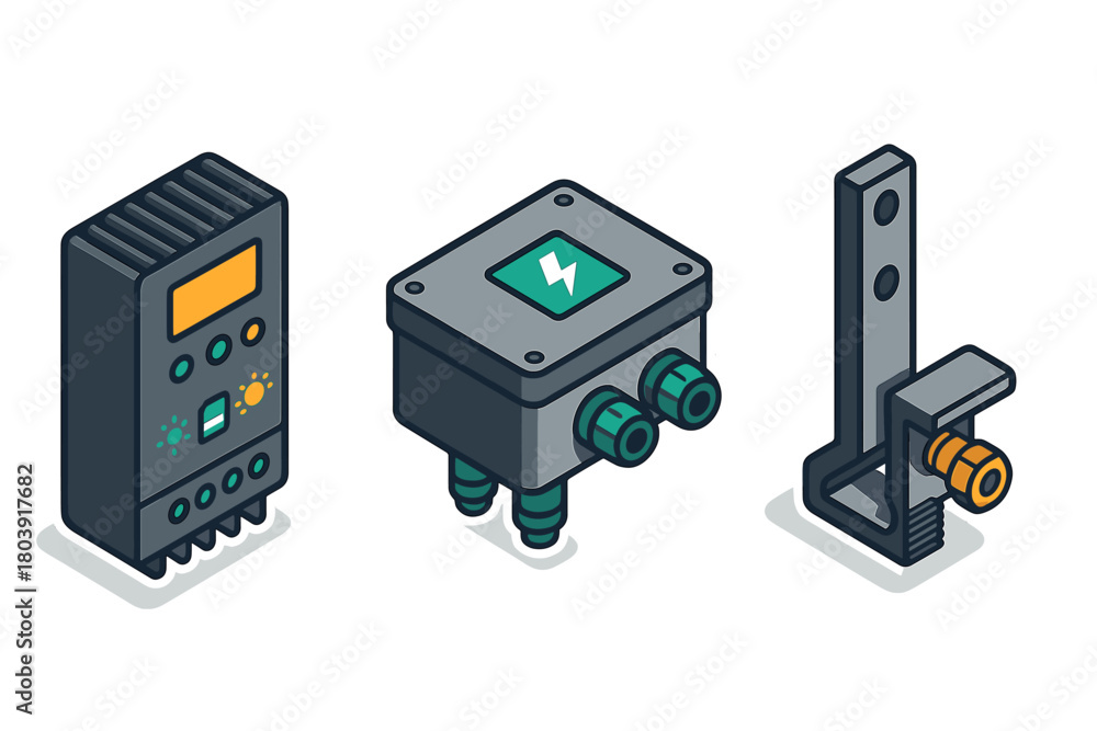 Obraz premium Solar energy system components set including charge controller, junction box, and mounting hardware