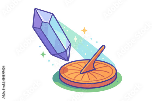 Magical crystal sundial glowing with mystical light and cosmic energy on a patch of grass