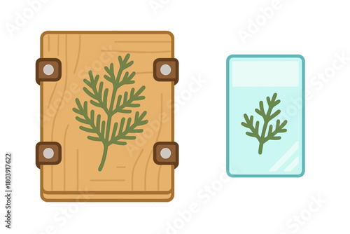 Stylized wooden book cover or plaque and glass jar with a green herb sprig