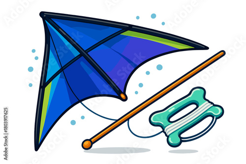Blue and purple delta kite with string spool and launching stick for outdoor recreation