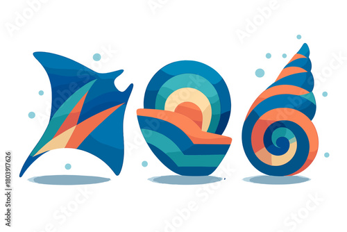 Vibrant geometric marine life collection with manta ray and abstract seashells