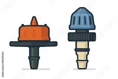 Two colorful plastic drip irrigation emitters for watering plants and garden systems