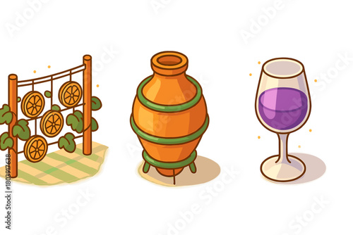 Stylized icons of a garden trellis with citrus fruit, clay amphora, and red wine glass