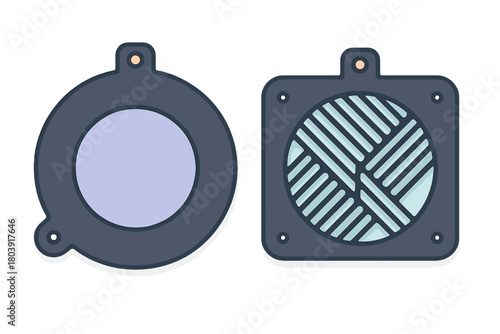 Modern graphic symbols depicting internal computer cooling fan and protective filter elements