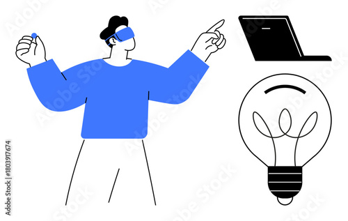 Man wearing VR headset gesturing in interactive space, lightbulb representing creativity, and laptop for technology. Ideal for innovation, tech, virtual reality, creativity, digital learning