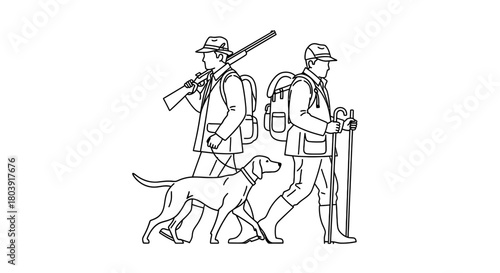 Hunters with dog and gear embark on an outdoor adventure