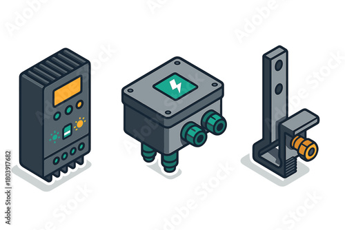 Solar energy system components set including charge controller, junction box, and mounting hardware