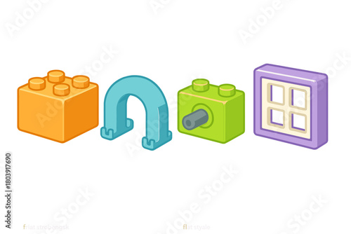 Brightly colored plastic toy construction pieces: standard brick, arch, technical block, and window frame