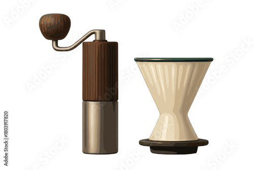 Manual coffee grinder and ceramic pour-over dripper isolated on white