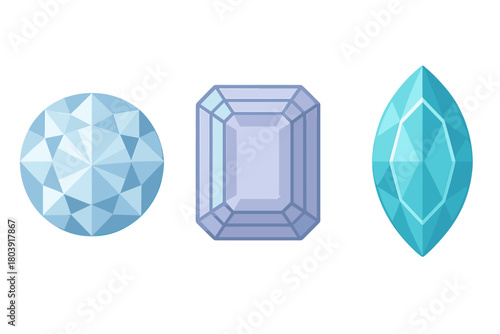 Three different shapes of precious blue and turquoise faceted gemstones on white