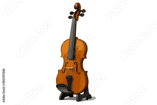 Classical wooden violin standing upright on a black stand isolated on white background