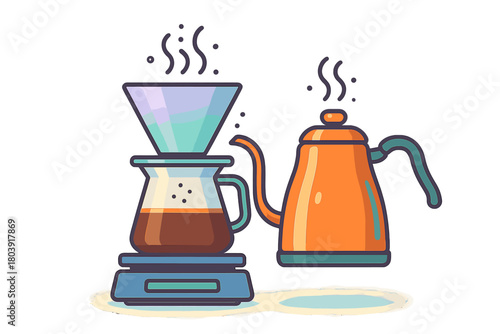 Pour-over coffee brewing setup with kettle, dripper, and carafe on a digital scale