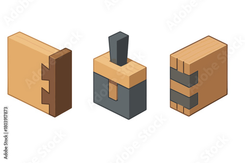 Isometric set of traditional woodworking joints including dovetail, mortise, and tenon