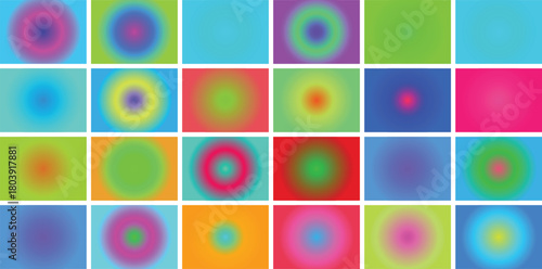 A grid of 25 colorful abstract gradient circles with a soft glow effect, each on a, creating a vibrant and modern visual pattern