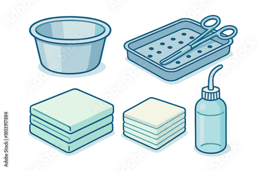 Isometric set of surgical instruments, medical supplies, basin, tray, scissors, and gauze pads