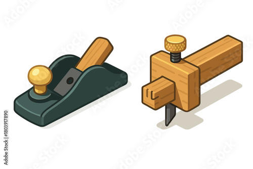 Classic woodworking tools set featuring a block plane and a wooden marking gauge for carpentry