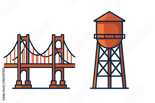 Minimalist icons of a large suspension bridge and a classic elevated water tower structure