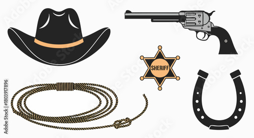 Classic wild west cowboy accessory elements set flat design cowboy hat revolver sheriff badge lasso horseshoe western icon vector illustration graphic