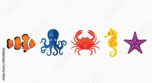 Cute colorful sea creatures marine life collection isolated white ocean animals underwater wildlife aquatic vector illustration flat design cartoon kids